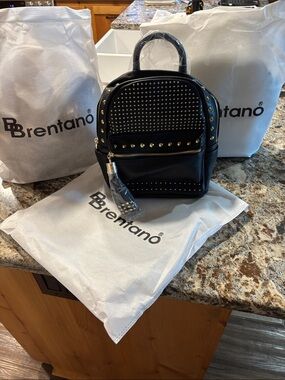 Brentano Super Soft Black Studded Mini Backpack with Gold Accents